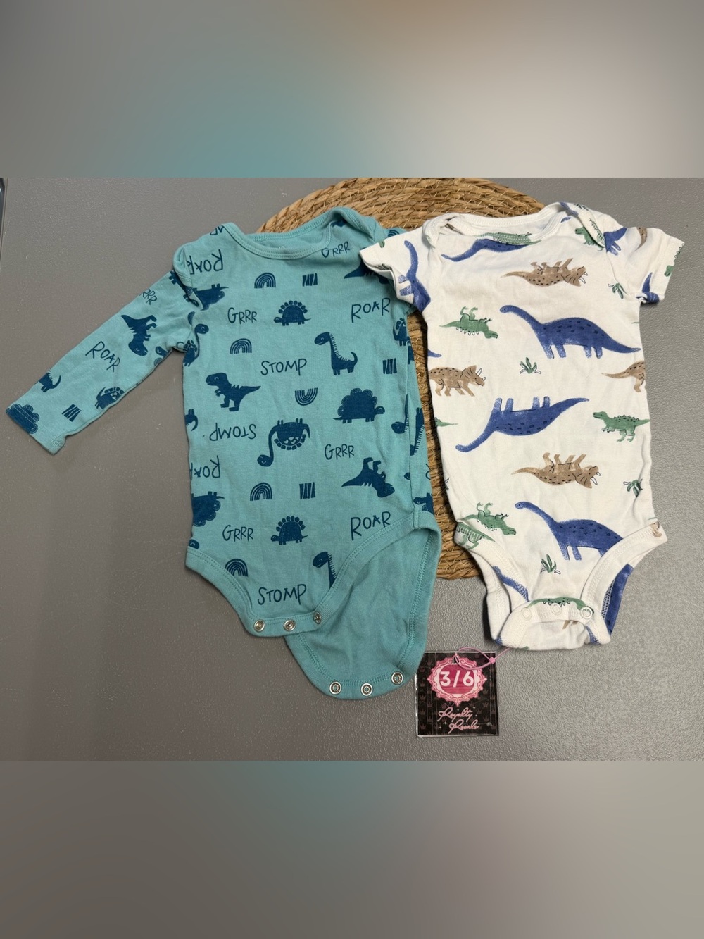 okie dokie Teal Blue Dinosaur Print Long-Sleeve One-Piece Bodysuit